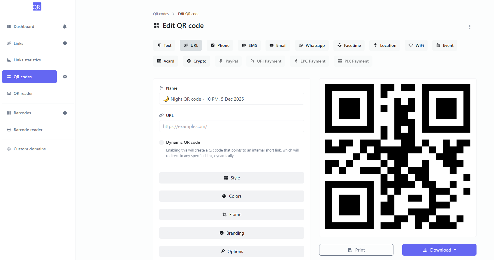 Screenshot of the QR code analytics page