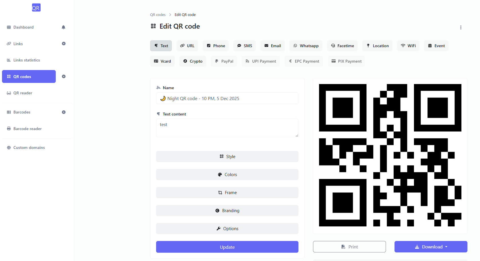 Screenshot of the QR code generator page